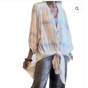 Anthropologie Maeve Lena Button Front Tunic Top Women’s SZ M Blue Ivory Stripe